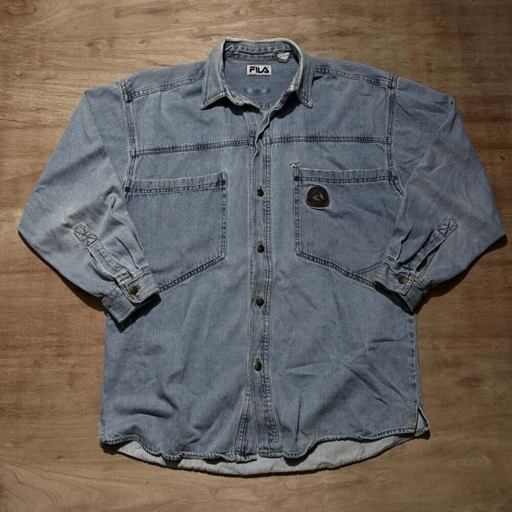 Vintage FILA Light Wash Denim Button Up Shirt Small 90s Streetwear